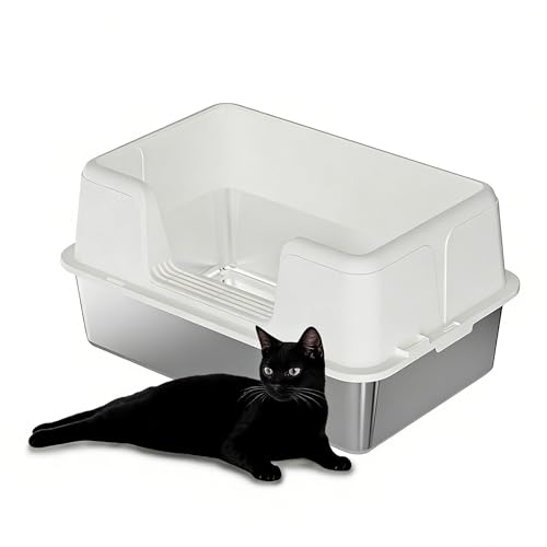 RBFGYIOP Katzentoilette aus Edelstahl großes halbgeschlossenes Tablett mit Deckel hohe Kanten rutschfeste Matte und abnehmbare Schaufel leicht zu reinigen geruchsresistent auslaufsicher 6