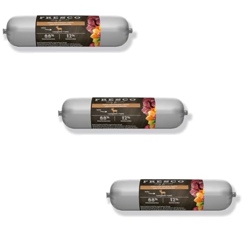 FRESCO Barf Wurst Complete-Menü Wild mit Kürbis Apfel Preiselbeeren 3er Pack 3 x 400 g Nassfutter für Hunde Zur Unterstützung von Immunsystem und Verdauung