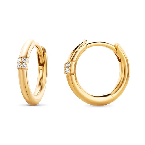 MIORE Creolen 925 Sterling Silber Stilvolle Huggie-Ohrringe mit brillanten Zirkonia-Steinen 0 08 Karat hautfreundliche vergoldete Silber Ohrringe 13 x 2 mm Damen Schmuck vom Juwelier