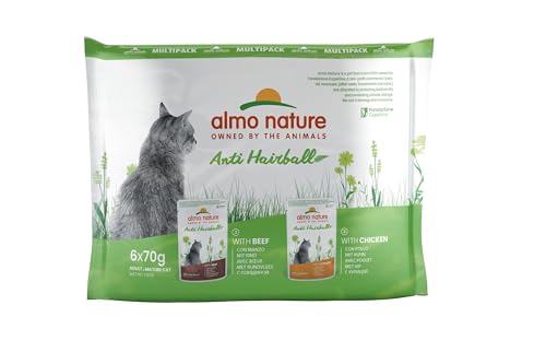 almo nature Multipack Holistic Anti Hairball 3 x Mit Rind - 3 x Mit Huhn. Alleinfutter für Erwachsene Katzen Nassfutter 36er Pack 6x70g