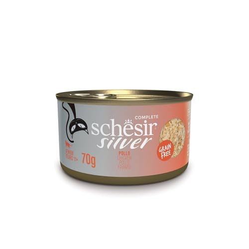 Schesir Silver Geschmack Hühnchen in Brühe komplettes Nassfutter für ältere Katzen 12 Dosen 70 g