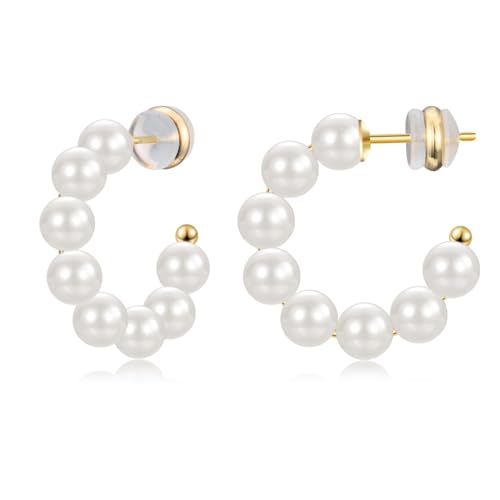 PDTU Silber 925 Gold Perlen Creolen 14K Vergoldet Ohrringe Leichte Offene Hypoallergen Runde Perlen Ohrringe 20mm für Frauen Mädchen