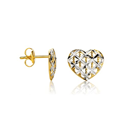 14 Karat 585 Bicolor Gold Liebe Herz Diamantschliff Ohrstecker Italienisch Ohrschmuck Gelbgold Weißgold