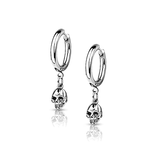 BlackAmazement 2er Set 316L Edelstahl Creolen Hinged Huggie 3mm Breite Dangle Skull Totenkopf Schädel Ohrring Piercing schwarz silber gold Gothic Biker Herren Damen Silber
