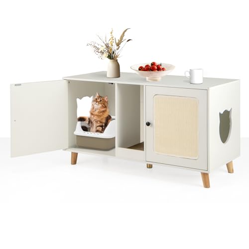 GYMAX Katzenklo Schrank 50 x 108 x 70 cm Katzenschrank für katzentoilette mit Doppeltür 2 Seiteneingänge Sisal Kratzmatten stabile Katzenhaus mit Katzenkratzbrett Weiß