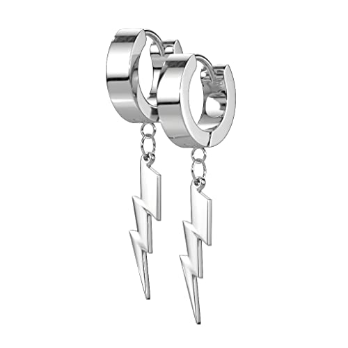 BlackAmazement 2er Set 316L Edelstahl Creolen Hinged Huggie 2 5mm Breite Dangle Kette Blitz Thunderbolt Ohrring Piercing schwarz silber gold Punk Herren Damen Silber