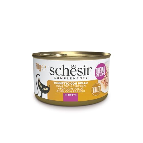 Schesir Thunfisch mit Hühnchen in Brühe komplettes Nassfutter für Katzen in Dose 100% natürliche Inhaltsstoffe tierversuchsfrei 12 x 70 g