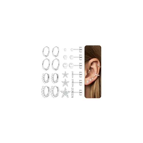 10 Paar Ohrringe Gold Silber Set Helix Piercings Chirurgenstahl Medizinische Ohrstecker und Creolen Piercing Ohr für Damen Herren Hypoallergene Conch Tragus Piercing Gold Schmuck Set Silber Perle