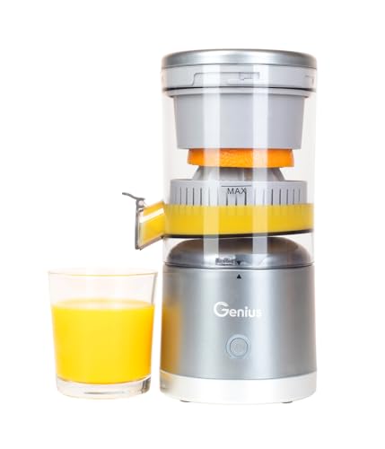 Genius Akku Zitruspresse by Nicer Dicer 6 tlg elektrische Saftpresse Orangenpresse Entsafter Akkulaufzeit bis 25 Min 45 W Auffangbehälter 200 ML Zitronenpresse Spülmaschinenfest