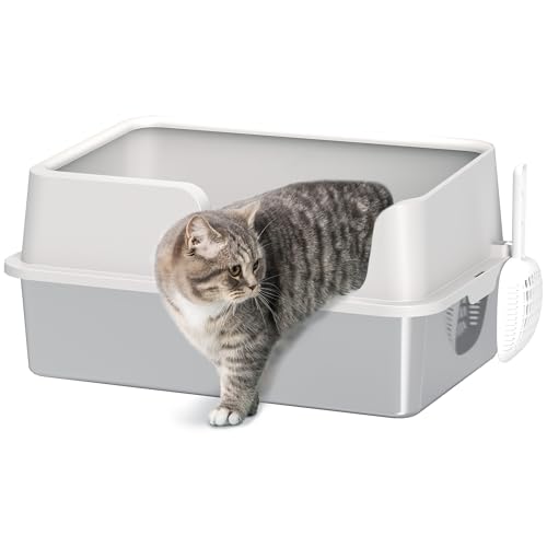 PawHut Katzenklo Katzentoilette aus Edelstahl mit hohen Seiten Schaufel einfache Reinigung geruchsresistent geeignet für große Katzen 60 x 40 x 28 cm hellgrau