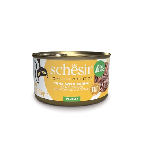 Schesir Thunfisch mit Surimi in Gelatine Nassfutter für Katzen in Dosen 100% natürlich mit zusätzlichen Vitaminen 12 x 85 g