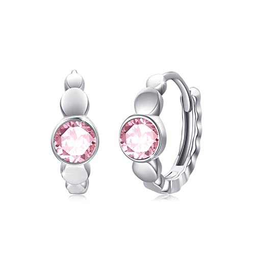 Ohrringe Geburtsstein Oktober 925 Sterling Silber Klein Geburtsstein Creolen Pink Zirkonia Ohrringe birthstone Hinged Klapp Creolen für Damen Kinder 10 mm