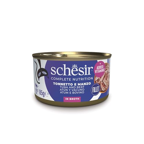 Schesir Thunfisch mit Rindfleisch und Reis in Brühe komplettes Nassfutter für Katzen in Dose 100% natürliche Inhaltsstoffe tierversuchsfrei 12 x 85 g