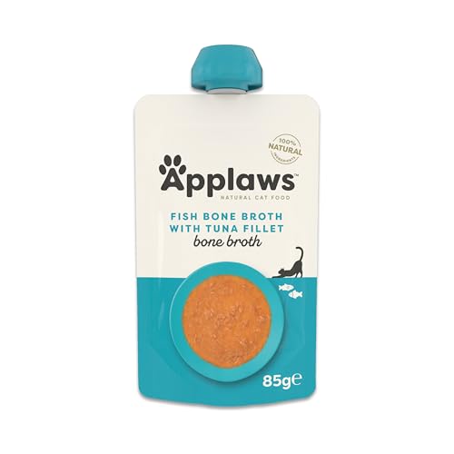 Applaws 100 % Natürliches Nassfutter für Katzen Fischknochenbrühe mit Thunfisch 12 x 85g Ausgießbeutel
