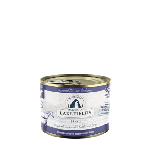 Lakefields Premium Hundefutter Nass Pferd 60% 6x200g Getreidefreies Nassfutter für Hunde Natürliche Zutaten in Lebensmittelqualität Süßkartoffeln Karotte und Kürbis Schonend gegart