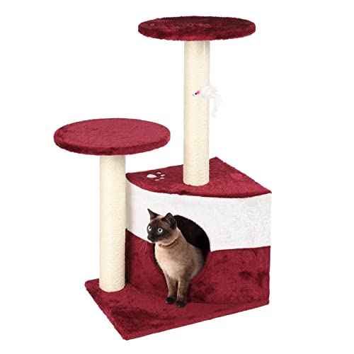 Wiltec Kratzbaum in Rot 71 cm hoch Katzenkratzbaum mit Zwei Plattformen Katzenbaum mit Höhle und Spielball Kletterbaum für Katzen