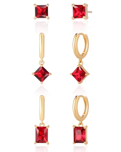 MESOVOR 3 Paar Kristall Goldene Ohrringe Damen HÃ¤ngend 18 Karat Vergoldete Kleines Ohrringe Set Creolen Gold Ohrstecker und Tropfen Ohrringe fÃ¼r MÃ¤dchen Rot