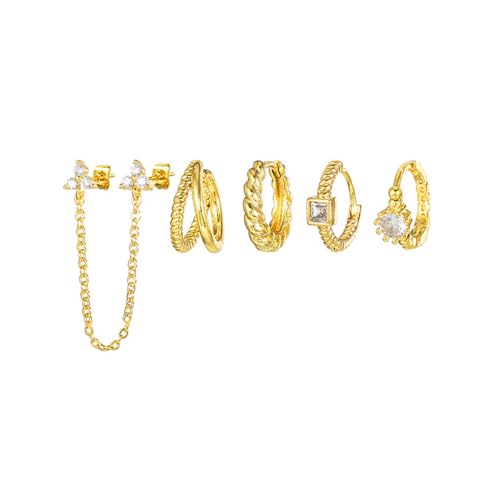 FDEETY 5 Stück Kleeblatt Kette Ohrringe Set Smaragdgrün Kristall Creolen Ohrstecker Kombination Damen Schmuck