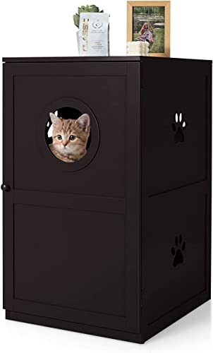 COSTWAY Katzenschrank Katzentoilette Katzenklo 2-stöckig Katzenhaus mit Magnetischer Tür Katzenkommode mit Kippschutz- Belüftungsdesign Katzenhöhle Braun 60 x 53 x 90 cm