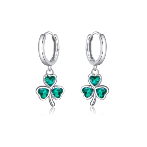 SLUYNZ 925 Sterling Silber Grün Herz Klee Creolen Ohrringe für Damen Mädchen CZ Kleeblatt Ohrringe Ohrhänger St. Patricks Tag Ohrringe A-Silber