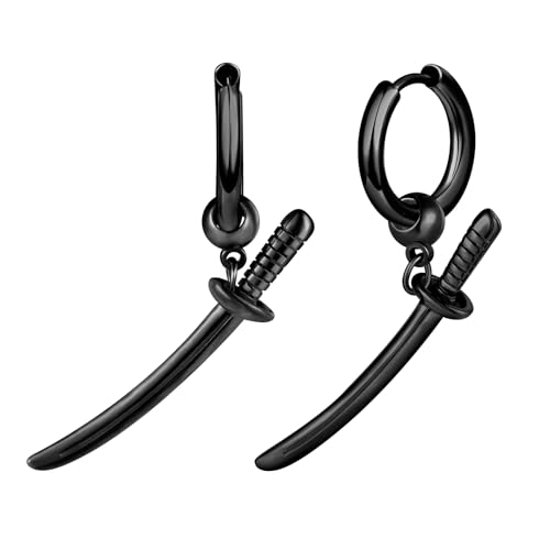 Yumilok Damen und Herren Creolen Ohrringe Schwert Dolch Ohrringe Schwarz Ohrhänger - Edelstahl Earring Hoop 1.2 cm Durchmesser - Hochwertig und Langlebig für jeden Anlass