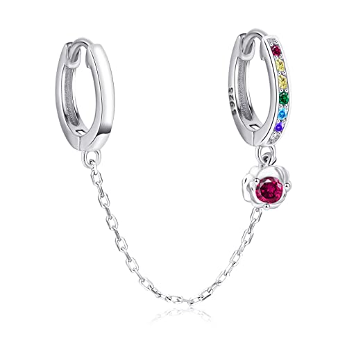 1 Pcs Doppel Creolen Ohrringe Silber 925 Damen Qings Doppelt Piercing Gliederkette Rose Anhänger Ohrringe Mini Hoops Kette Ohrringe mit Bunt Zirkon Mode Punk Rock Schmuck Geschenk für Mädchen Frauen