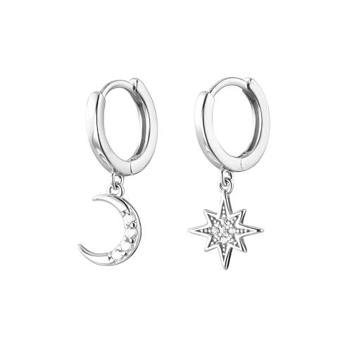 CZ Mond Stern Baumeln Kleine Creolen für Frauen Mädchen Sterling Silber Charms Kristall Asymmetrische Schneeflocke Halbmond Tropfen Mini Knorpel Clip Schmuck Zarte Mode Geburtstag Geschenke