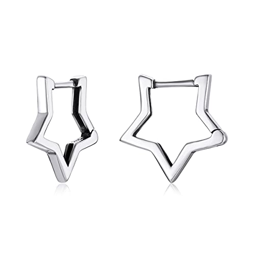 Stern Ohrringe für Frauen Mädchen - Qings 925 Sterling Silber Mini Klein Weissgold Stern Creolen Hypoallergen Geometrische Star Schmuck Geburtstag Geschenke