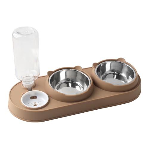 Luckwaii 3-in-1 Katze Futternapf und Wassernapf Set Katzennapf Erhöht Edelstahlnäpfe 15 geneigtes Haustier Erhöhung Futterstation Doppel-Katzennäpfe mit Wasserspender für Katzen und kleine Hunde