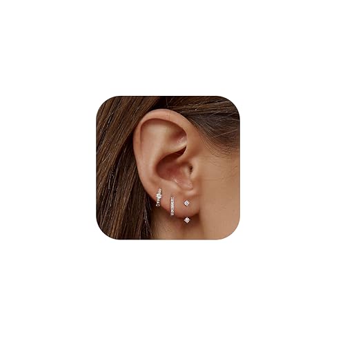 JeweBella 3 Paar 925 Set für Damen 14 Karat Vergoldet Kleine Ohrstecker Stapelbar Zirkonia für Mehrere Piercings