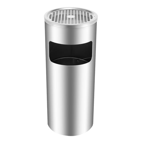 awolsrgiop Mülleimer 15L Standaschenbecher Mülleimer 2 in1 aus Edelstahl 25x61 cm Aschenbecher für Draußen mit Löschgitter Ablage für Terrasse Garten Gastronomie Silber