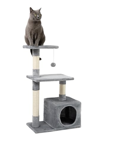 lionto Kratzbaum für mit Höhle und Plüschball inkl. Glöckchen Höhe 85 cm Katzenbaum mit Sisal Plüsch gemütliche Liegeflächen Höhle für kleine große geeignet hellgrau