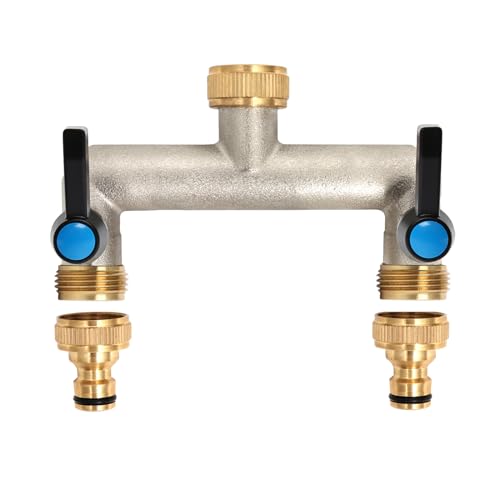 OPERMAXER 2-Wege Wasserhahn Wasserverteiler Verlängerter Griff 3 4 Zoll Messing Wasseranschluss Verteiler mit individuellem Absperrhähnen 2er Verteiler 3 4 Adapter 1 2 für Geräte Gartenschläuche