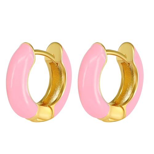 Flongo Creolen Emaille Pink Ohrringe Chunky Ohrstecker Gold rosa zweifarbig silber 925 Edelstahl rund Hoop Huggie earrings hypoallergen glänzend Klappcreolen klein süß geschenk Frauen Mädchen Damen