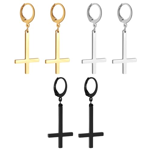 OIDEA Unisex Kreuz Petruskreuz Ohrringe 3 Paare Gold Schwarz Silber Creolen mit Umgedrehtes Kreuz Ohrhänger aus Edelstahl Herren Damen Religöser Schmuck Geschenk für Männer Frauen Junge Mädchen