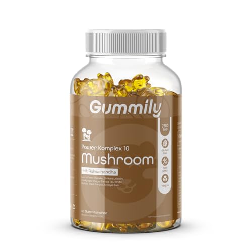 Gummily 10 Mushroom Gummibärchen - 2500mg Vitalpilz-Mix mit Ashwagandha - Lion s Mane Reishi Cordyceps Chaga - Vegan Glutenfrei Ohne Gentechnik - Ananas Geschmack - 60 Stück