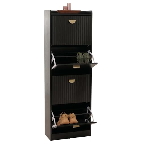 Mendler Schuhschrank HWC-O39 Schuhkipper Schuhregal 4 Klappen Klappfächer MDF Melamin Metall 148x50x24cm - Holzoptik schwarz