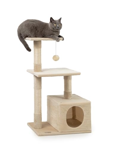 lionto Kratzbaum für Höhle und Plüschball inkl. Glöckchen Höhe 85 cm Katzenbaum Sisal Plüsch gemütliche Liegeflächen Höhle für kleine große geeignet beige