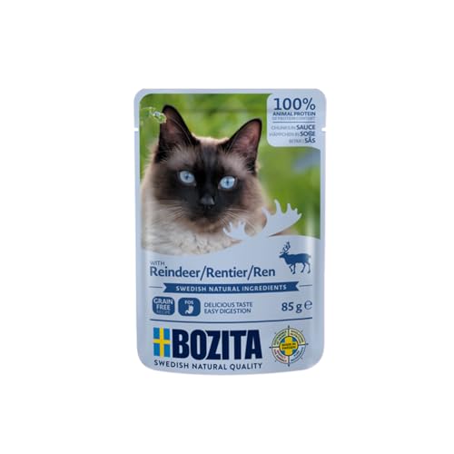 Bozita Pouch Nassfutter Häppchen in Sauce mit Rentier - 12x85g Portionsbeutel getreidefreies weizenfreies Futter für Katzen - Katzennassfutter für Adult-Katzen mit 8 5% Protein 4 5% Fettgehalt