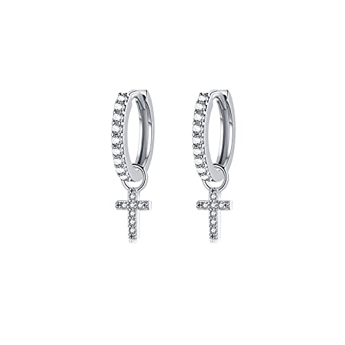 Creolen Silber Ohrringe mit Kreuz Anhänger für Mädchen Frauen Klein Zirkonia Silber Ohrhänger Mädchen Huggie 925 Silber Ohrringe Creolen Set