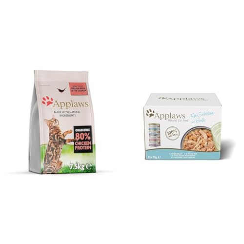 Bundle of Applaws Katzentrockenfutter Adult Huhn mit extra Lachs getreidefrei und komplett 7 5 kg 1 Packung Applaws Premium Natural Katzenfutter Nass Fischauswahl in Brühe 70g Dose 12x70g