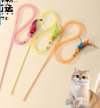 Marjoramy 6 Stück Katzenspielzeug Angel mit Feder Interaktives Spielzeug für Katzen Generisch Katzenspielzeug mit Feder und Glocke Interaktiv Katzen Zubehör für Kleine Große Katzen