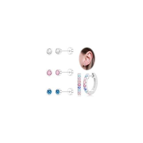 jagosen Ohrringe Set Ohrstecker Silber Damen mit Zirkonia 4 Paar Creolen Silber Hypoallergen Titan Ohrringe Chirurgenstahl Medizinische Ohrstecker mit Flachem Verschluss rund