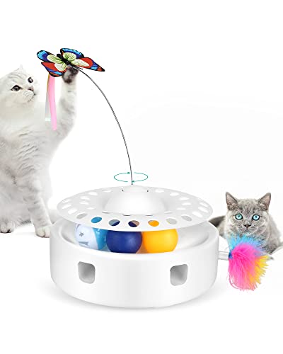PETTOM 3 in 1 Katzenspielzeug Elektrisch Mute Interaktives Katzenspielzeug mit Federn Ballübungs Katzenspielzeug Rotierender Schmetterling Selbstbeschäftigung Katzen-Teaser-Spielzeug für Katzen