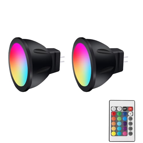 Noobibaba GU4 LED 12V RGB MR11 Farbwechsel Lampen MR11 LED 12V 3W Bi-Pin-Sockel Warmweiß 15 Mehrfarbig für Landschaftsbeleuchtung 2 Lampen 1 Fernbedienungen