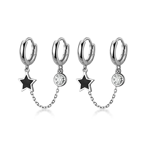 SLUYNZ 925 Sterling Silber Schwarz Stern Doppel Creolen Ohrringe Kette für Frauen Teen Mädchen CZ Doppel Piercing Ohrringe Huggie Ohrringe Silber