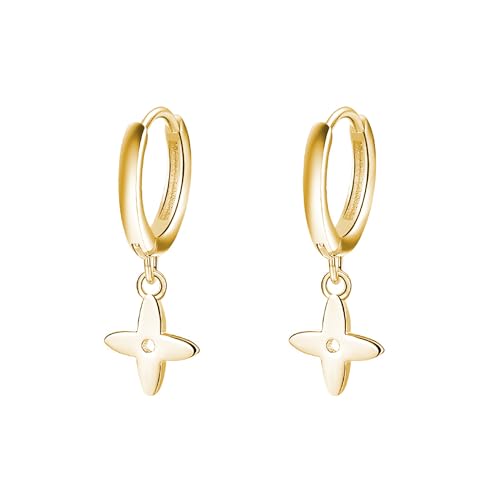 Reffeer Creolen aus massivem 925er-Sterlingsilber vierblättriges Kleeblatt für Damen Ohrringe kleine Blatt-Creolen Huggie B-Gelb