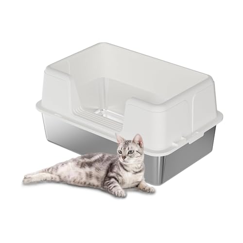 Katzentoilette Edelstahl mit Deckel große Katzentoilette mit hohem Rand abnehmbare und abgedeckte Katzentoilette geruchshemmend große Katzentoilette mit Schaufel 60 x 40 x 36.5 cm