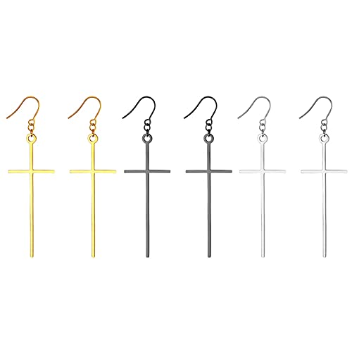 Flongo 3 Paar Kreuz Ohrringe aus Edelstahl Creolen Ohrringe mit Kreuz Anhänger Damen Ohrringe Herren Ohrstecker Kreuz Schmuck Geschenk zu Ostern Weihnachten Halloween