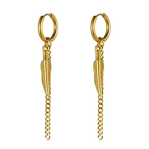 JewelryWe Schmuck Ohrringe Creolen mit Feder Blatt und lange Kette Anhänger Edelstahl Hängend Ohrhänger Huggie Ohrstecker Geschenke für Herren Damen Gold